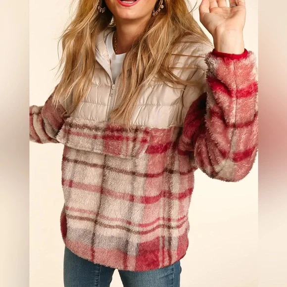 Taupe & Pink Half-Zip Plaid Hooded Sherpa Fleece & Puffer Winter Woman  Pullover - Picture 7 of 16
